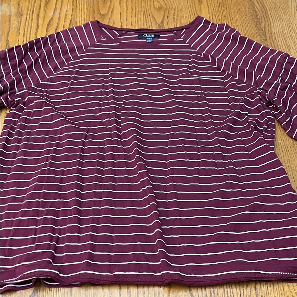 Chaps Burgundy and White Striped Flared Sleeve Top Cotton and Modal 1X